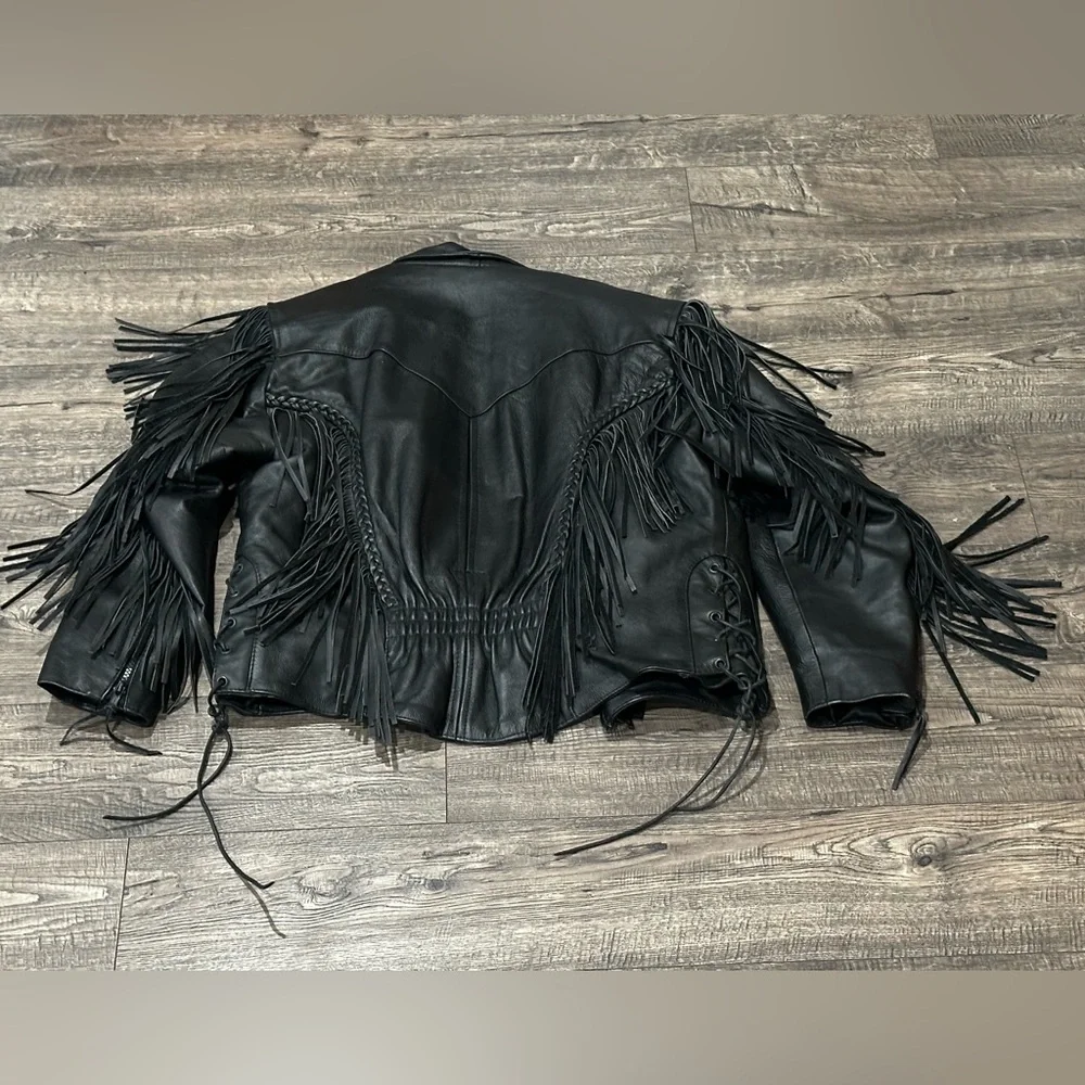 Unik Vtg Black Leather Fringe Jacket - Picture 9 of 16